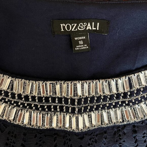 Roz & Ali Navy Eyelet Jeweled Scoop Neck Dress - Size 16 - Picture 9 of 11